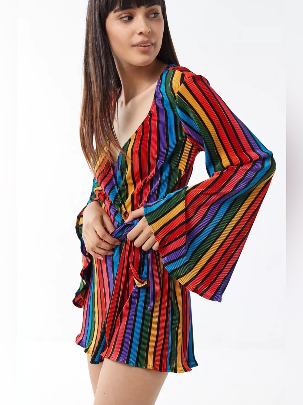 NWT Show Me Your Mumu Caleb Romper Rainbow Parade Striped Medium